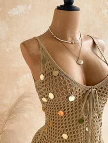 Soleia Women's Vacation Sequin Design Front Tie Hollow Out Camisole Dress - Multicolor - View 6