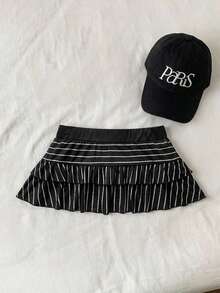 Flirla Women's Summer Striped Casual Skirt, Ruffled Hem A-Line Skirt - Black - View 2