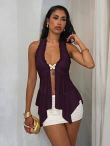 Glamine Women's Fashion Vacation Halter Neck Tie Front Ruffle Trim Asymmetrical Hem Chest Metal Butterfly Decor Mesh Tank Top, Apricot - Purple - View 3