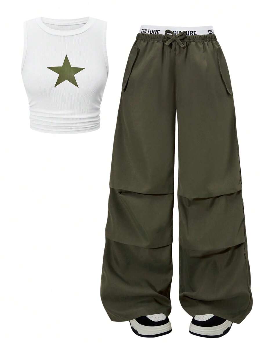 SHEIN ChillGRL 2pcs Tween Girl Star Print Drawstring Hem Top Matched With Color Block Zipper Pocket Cargo Pants Set, Casual Street Style, Spring & Summer Summer Holiday - Army Green - View 1