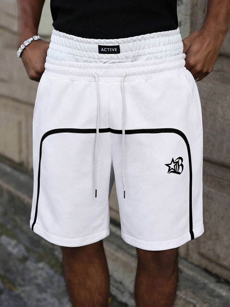 PAVTROS Men's Casual Letter Print Dual Waistband Shorts, Colorblock Design, Streetwear Style, Loose Fit, Versatile, Holiday - White - View 1