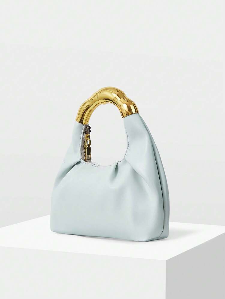 WOMEN'S FASHIONABLE SOFT PLEATED HANDBAG, EXQUISITE GOLD HANDLE, FRESH LIGHT BLUE, SUITABLE FOR DAILY, COMMUTING, SHOPPING, DATING MATCHING
