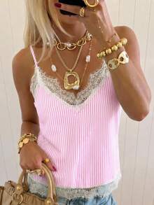 SHEIN EZwear 夏季派对粉色条纹衬衫，优雅女士衬衫，女士纯色蕾丝拼接吊带背心，夏季上衣，适合日常通勤、约会、聚会、秋冬夏三季、圣诞节、新年、感恩节、派对、婚礼、海滩、毕业典礼、时尚、优雅、休闲、外出、约会、预订、通勤、闪亮、情人节、优雅、度假、休闲、Y2K、外出、毕业典礼等场合。 - 彩色 - 查看 5