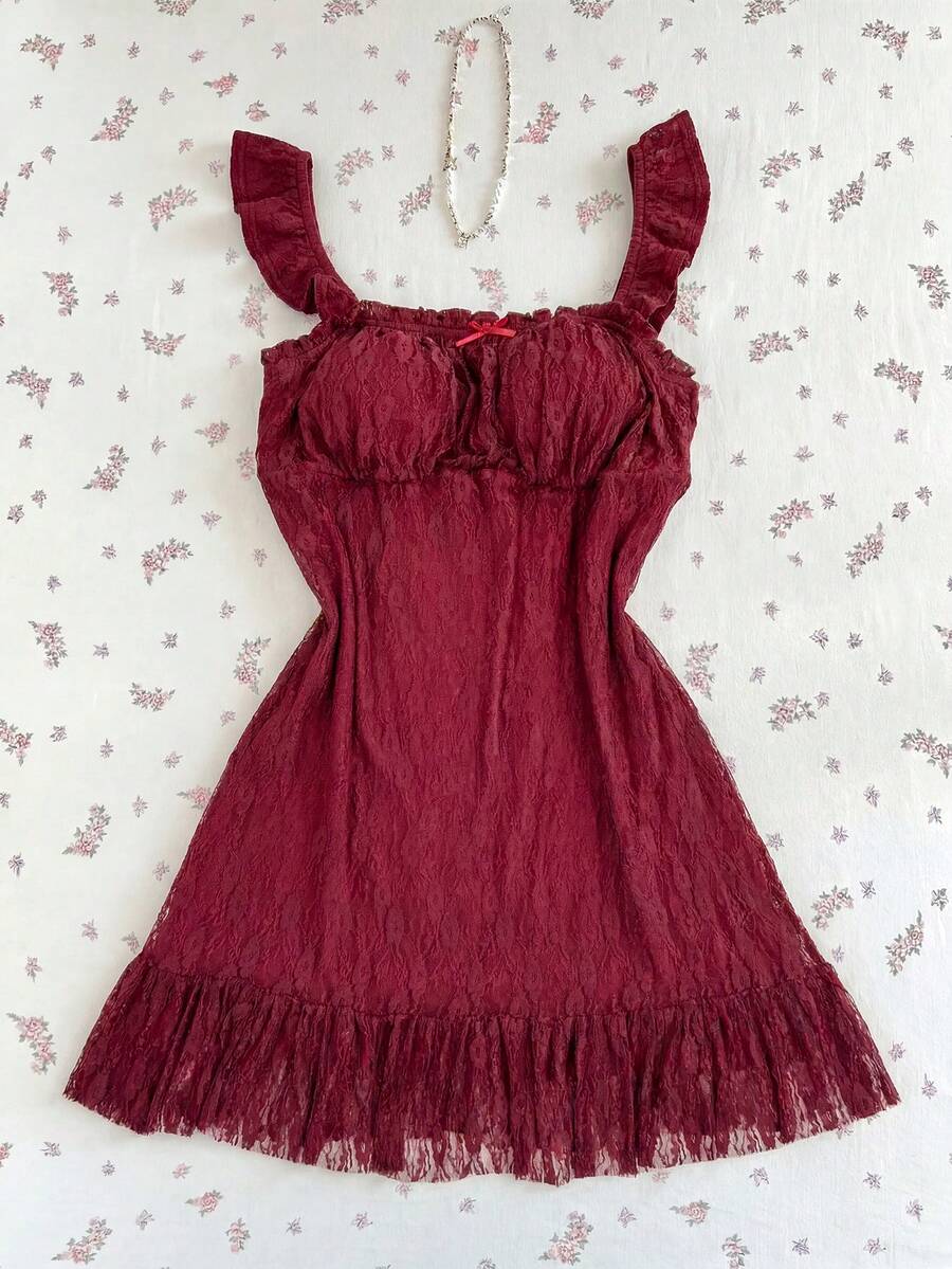Sweetra Plus Size Women's Burgundy Lace Square Neck Puff Sleeve Cinched Waist A-Line Short Dress, French Sexy Style, Slimming Fit, Birthday Wedding - Burgundy - View 1