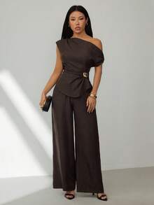 SHEIN PETITE Dark Brown Summer Elegant Dining Women's Two Pieces Set, Off-Shoulder Metal Buckle Design Flowy Top High-Waisted Wide-Leg Trousers Night Out - Brown - View 6