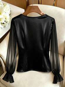GlowEve Women's Fashionable Elegant Pearl Decor Round Neck Mesh Long Sleeve Top - Black - View 2