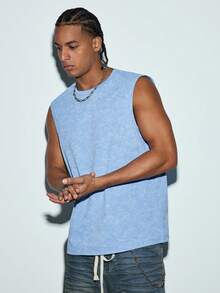 Modcrash Simple Studio | Men's Retro Rugged Style Washed Short Sleeve Tank Top | Suitable For Summer Wear | Comfortable & Breathable | Leading Fashion - Baby Blue - View 5
