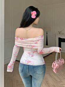 Modelyn 杏色网纱印花露肩荷叶边长袖优雅夏季度假T恤 - 杏色 - 查看 2