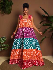 Maweii Plus Size Women's Sexy Boho Vacation Summer Ruffle Strap Multi-Color Square Neck A-Line Circle Print Casual Dress Beach Teal - Multicolor - View 1