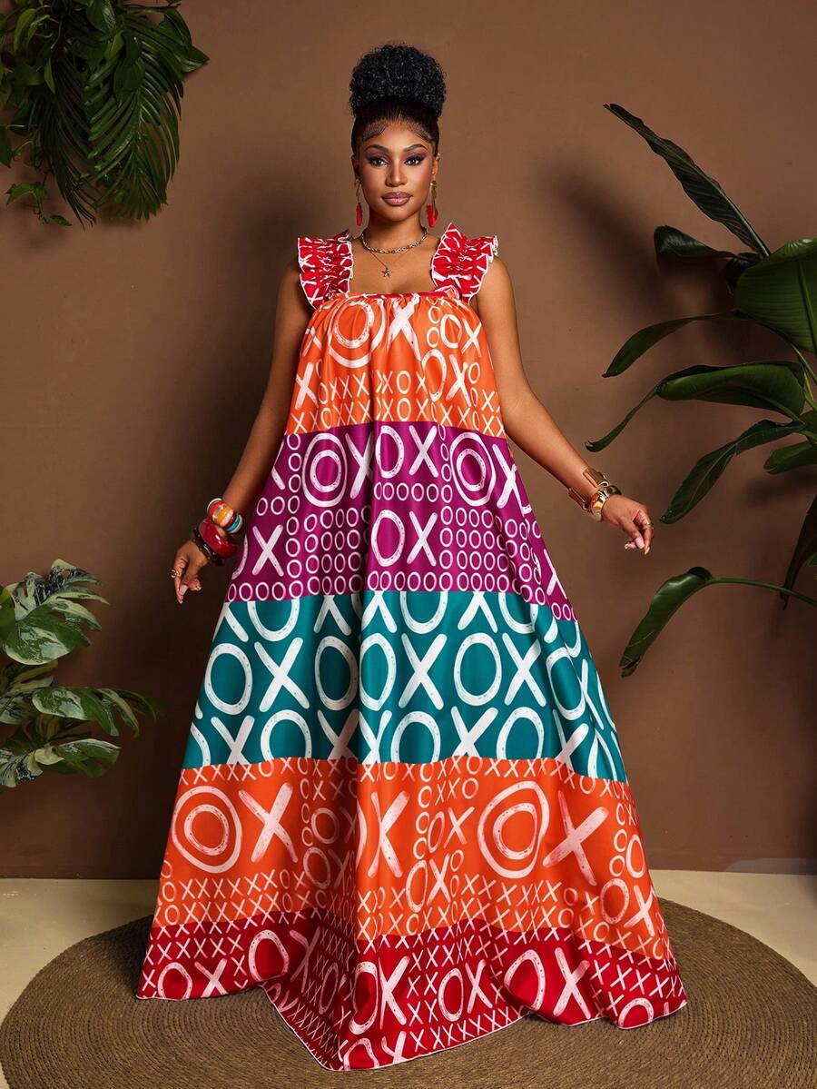 Maweii Plus Size Women's Sexy Boho Vacation Summer Ruffle Strap Multi-Color Square Neck A-Line Circle Print Casual Dress Beach Teal - Multicolor - View 1