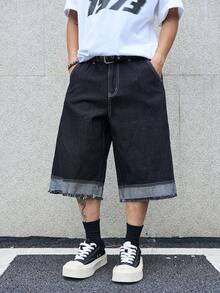 Manfinity EMRG Men's Denim Patchwork Straight Leg Shorts, Holiday - Black - View 2