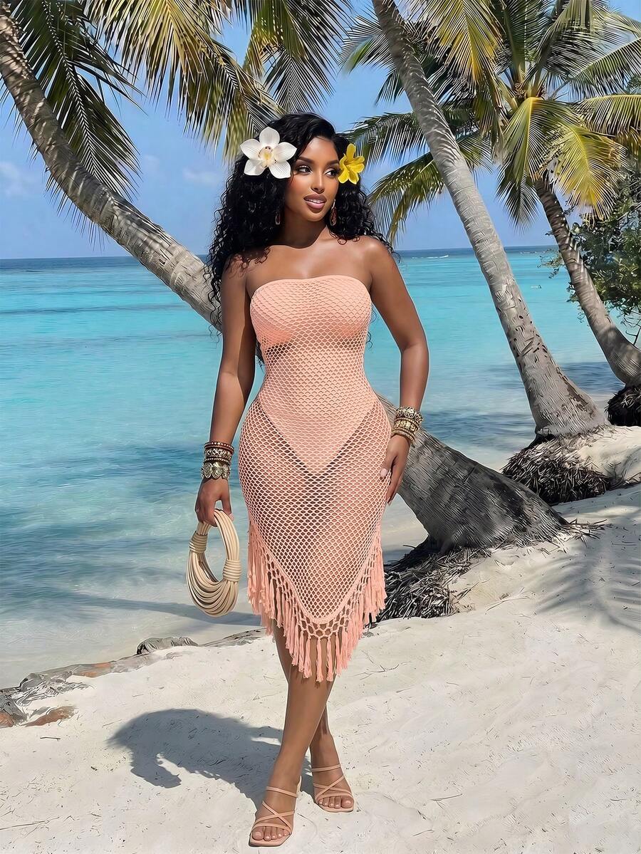 BamGleam Women's Vacation Mesh Patchwork Sheer Asymmetrical Tassel Hem Strapless Dress Beach Vacation Peach Summer Tropical - Pink - View 1