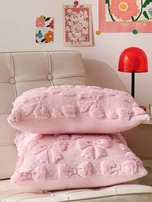1 pezzo Federa per cuscino con fiocco, decorazione d'interni coquette, carina, in finta pelliccia morbida, stile preppy, soffice e vellutata, federa decorativa per letto, divano e divano, decorazione per la casa in primavera-estate - Rosa - Visualizzare 3