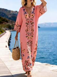SHEIN Holidaya Đầm dài dáng rộng in hoa, đầm đi biển thường ngày, đầm maxi phủ ngoài in hoa, thích hợp cho kỳ nghỉ, du lịch, bãi biển, hoạt động ngoài trời, sinh hoạt hàng ngày, mua sắm, tụ họp bạn bè, du lịch Đông Nam Á/đảo, sự kiện theo chủ đề, tiệc ngoài trời mùa hè, dã ngoại, trang phục nghỉ mát nhẹ nhàng. - Hồng - Xem 5