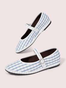 CUCCOO DOLLMOD Women's Shoes Blue Plaid Fashion Elegant Classic Comfortable Single Strap Mary Jane Flat Shoes - Blue - View 3