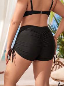 Swim Vcay Calcinha de Maiô Bikini Preta Plus Size para Mulheres, Estilo de Férias com Cintura Cruzada e Cordão, Detalhe Franzido nas Costas, Adequado para Férias na Praia e Festa na Piscina - Preto - Visão 2