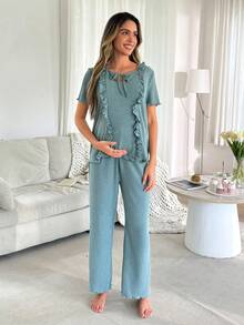 Moonlight&Mama Solid Color Maternity Loungewear Set With Drawstring Waist, Loose Short Sleeve Top And Pants - Cadet Blue - View 5