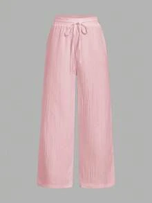 SHEIN Essnce 3件組女款休閒腰部綁帶口袋直筒長褲，適合夏季 - 彩色 - 查看 6