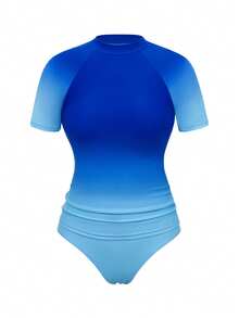 Swim SPRTY 女款春夏泳裝新品，優雅藍色漸層拼接短袖比基尼兩件式泳衣套裝，適合海灘度假 - 藍色 - 查看 11