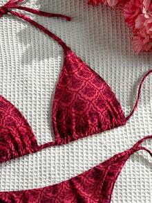 Swim Mod Printed Bikini Swimwear For Beach & Vacation - Burgundy - View 4
