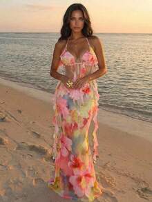 Aloruh Women's Pink Floral Summer Beach Dress, Backless Ruffle Halter Boho Tropical Holiday Outfits,Casual Vacation Clothes For Date Outing - Watermelon Pink - View 1