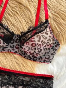 Bare Chapter 2pcs Women Lace Patchwork Leopard Print Wireless Thin Cup Comfortable Lingerie Set - Black - View 9