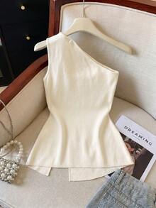 GlowEve A New Spring And Summer Fashion, Casual And Versatile Off-The-Shoulder, Slit Apricot-Colored Cotton Vest - Apricot - View 2