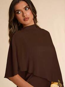 SHEIN BAE 2 Pieces Set: Satin Chiffon Shawl & Light Yellow Dress, Luxury Elegant Evening Gown For Formal Occasions, Spring/Summer - Coffee Brown - View 6