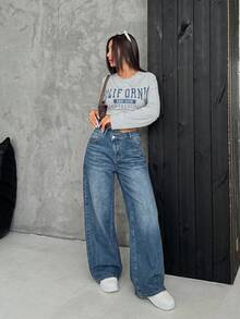 SHEIN PETITE CURVE Quần jeans ống đứng cạp cao dành cho nữ cỡ lớn PETITE CURVE, quần thường ngày và quần phong cách đường phố dành cho nữ. - Rửa tối - Xem 2