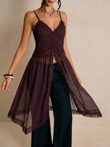 Poéselle Elegant Solid Color Lace Patchwork Camisole Top, Summer - Coffee Brown - View 2