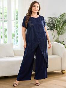 SHEIN Clasi 大尺碼女款2件套－純色圓領短袖長版上衣與印花長褲，春夏派對奢華晚禮服，婚禮海灘穿搭 - 藍色 - 查看 6