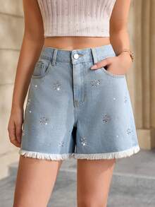 Selenza Women's Rhinestone Shiny Pocket Button Frayed Denim Shorts Vacation Light Blue Floral Summer Casual - Blue - View 1