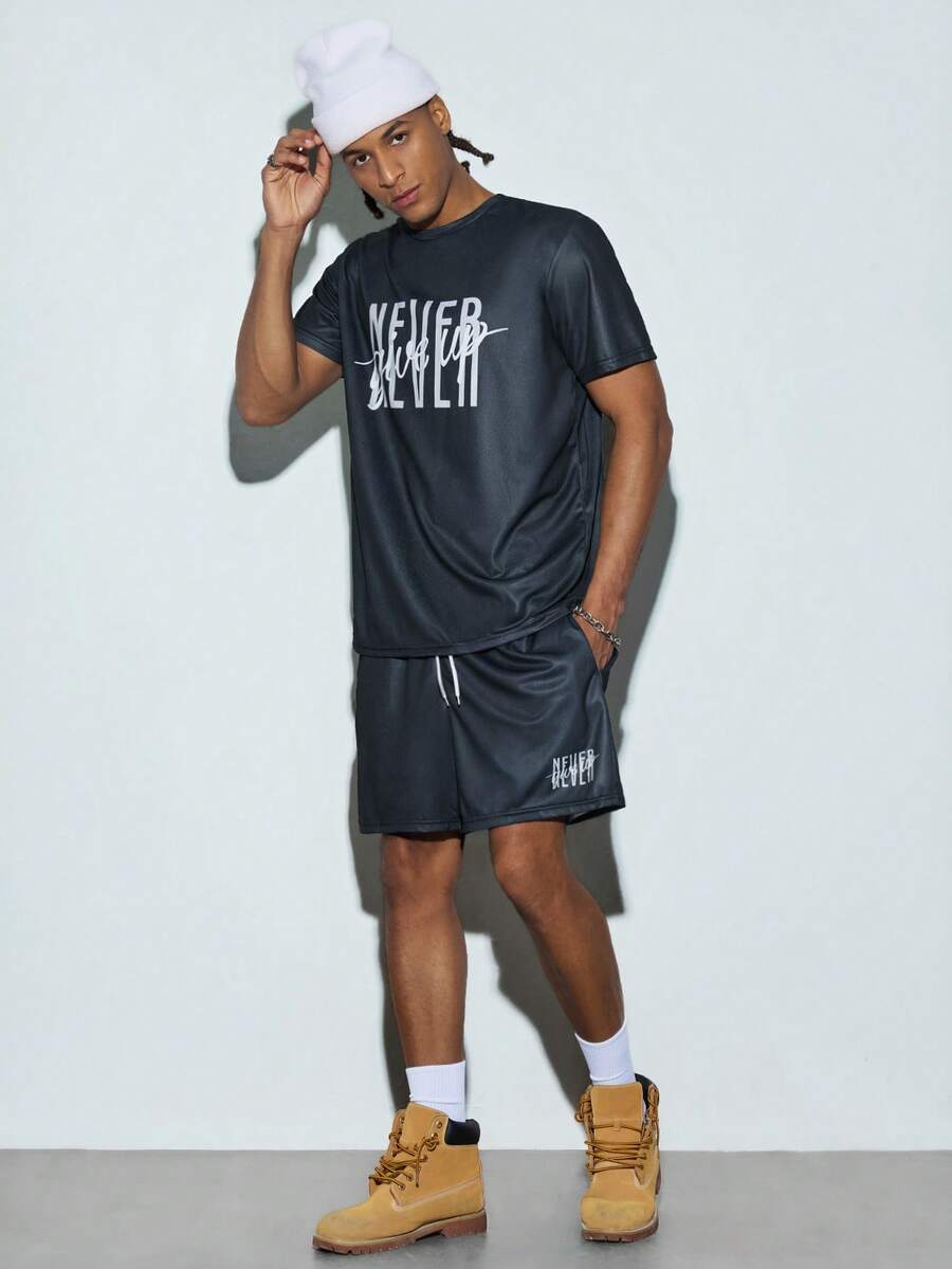 Modcrash 2pcs/Set Men's Letter Print T-Shirt + Sports Drawstring Waist Shorts, Summer Outdoor Sports Outfit - Multicolor - View 1