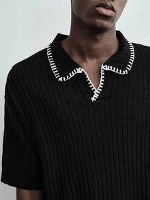 ROMWE MEN Men's Cable Knit Polo Shirt - Black - View 8