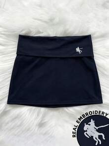 Resyla 女款休閒運動刺繡純色緊身裙，秋季健身房海軍藍高爾夫網球 - 藏蓝色 - 查看 1