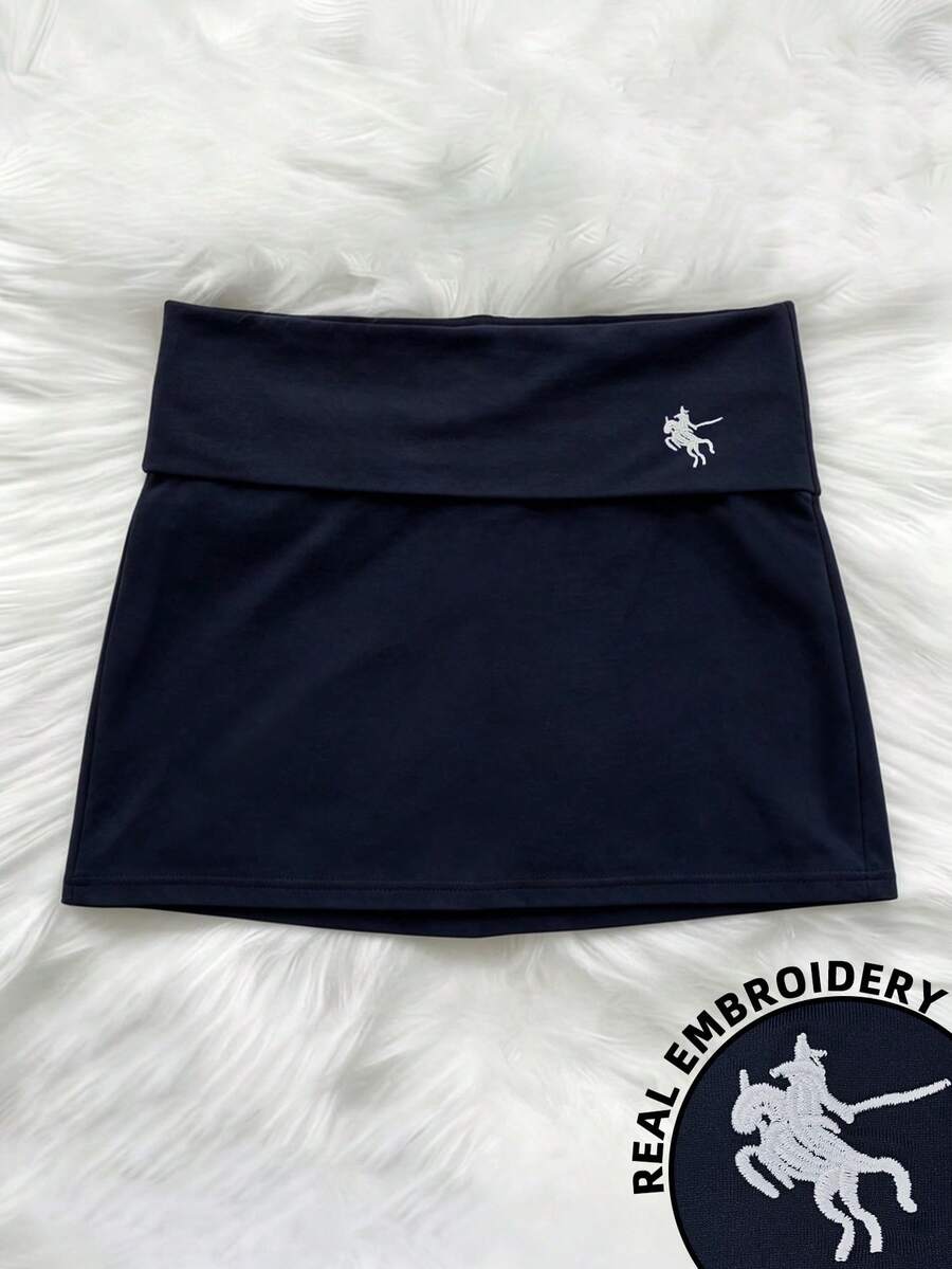 Resyla 女款休閒運動刺繡純色緊身裙,秋季健身房海軍藍高爾夫網球 - 藏蓝色 - 查看 1