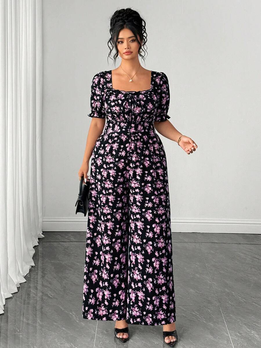 SHEIN Clasi Plus Size Women Ditsy Floral Short Sleeve U-Neck Casual Elegant Jumpsuit Vacation Black And White Summer - Black - View 1