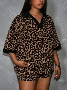 Slaydiva Plus Size Women's Casual Vintage Leopard Print 2 Pieces Set, Suitable For Summer Music Festivals - Multicolor - View 3