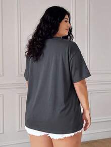 SHEIN EZwear 大码蓝色雏菊刺绣休闲短袖T恤，春夏款 - 深灰色 - 查看 2