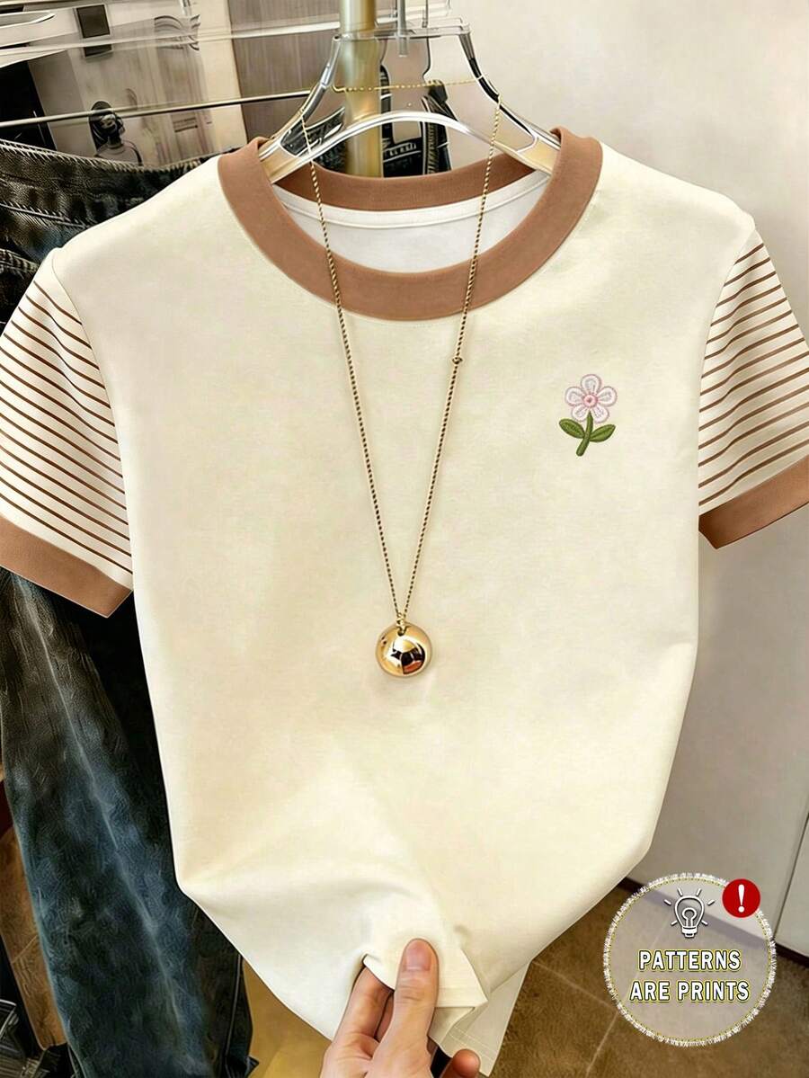 SuriyaCove 女士户外休闲运动上衣,夏季新款,户外休闲服,撞色设计,卡其色,杏色,运动居家办公套装,图案设计,多色条纹印花,黑白条纹,花卉图案,女士撞色领T恤 - 彩色 - 查看 1