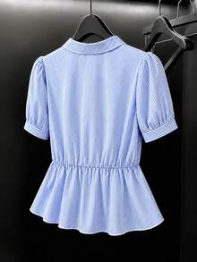 GlowEve Elegant Business Casual Vintage French Design Collared Puff Sleeve Blue And White Striped Asymmetrical Hem Ruffle Waist Slim A-Line Blouse Work Summer - Blue and White - View 2