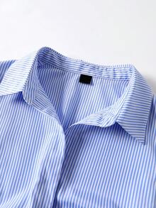 GlowEve Elegant Business Casual Vintage French Design Collared Puff Sleeve Blue And White Striped Asymmetrical Hem Ruffle Waist Slim A-Line Blouse Work Summer - Blue and White - View 5