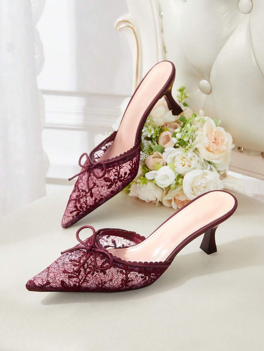 CUCCOO HITCHD Burgundy Lace Bow Pointed Mullers, Thin Heel Empty, Dating Commuter Skinny High Heels - Burgundy - View 1
