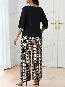 SHEIN Lady 女士时尚通勤全印花上衣和裤子两件套，夏季 - 黑色 - 查看 2