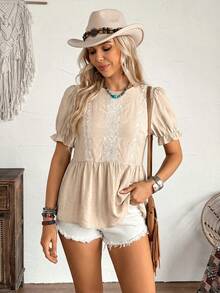 LanaWest Damen neue braune Bluse mit rundem Ausschnitt, elastischer Taille, Kurzarm, Rüschensaum, Stickerei, Retro-Casual-Boho-Western-Stil, Frühling/Sommer - Khaki - Übersicht 5