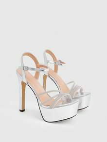 CUCCOO LuxiPop Women's Fashion Rhinestone Strip With Silver Sexy High-Heeled Sandals, Summer Wear, A Must For Travel, Nightclub Style Wear, Y2K - Silver - View 1
