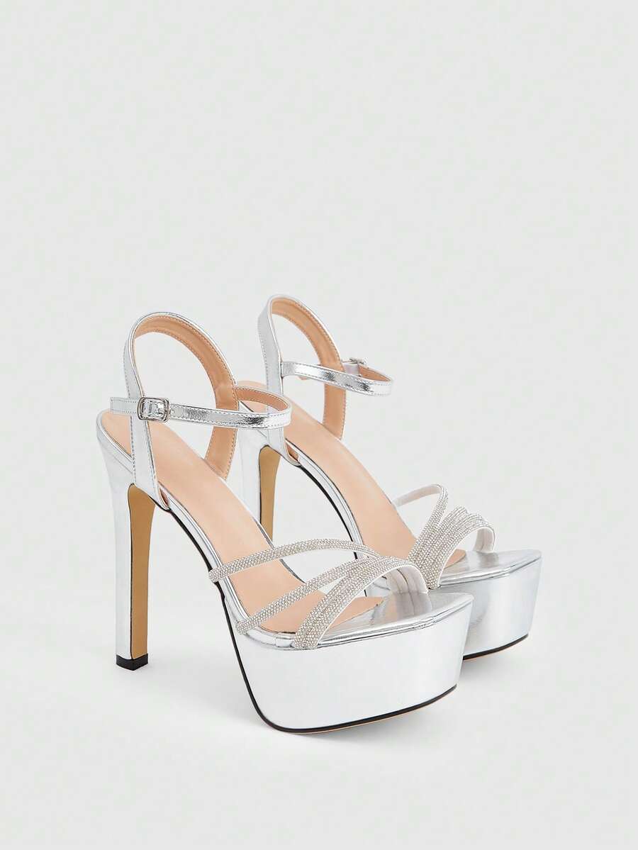 CUCCOO LuxiPop Women's Fashion Rhinestone Strip With Silver Sexy High-Heeled Sandals, Summer Wear, A Must For Travel, Nightclub Style Wear, Y2K - Silver - View 1