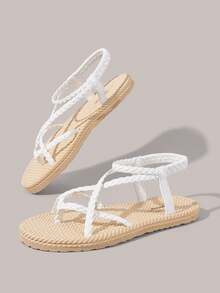 Styleloop Women's Woven Buckle Flat Sandals, White, Rope-Like Sole, Toe Ring Design, Roman Lace-Up Design, Holiday Atmosphere, Summer Wear, Travel Essentials - White - View 6