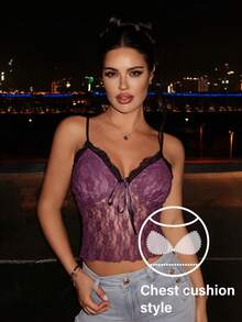 Livesso Camiseta Sexy de Renda da Moda Feminina - Roxo - Visão 5