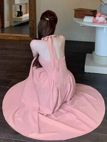 Joudiya Elegant Romantic Sleeveless Backless Midi Dress, Suitable For Spring/Summer, Parties Day Party Vacation, Weddings, Commuting Dusty Pink Sundress - Pink - View 3